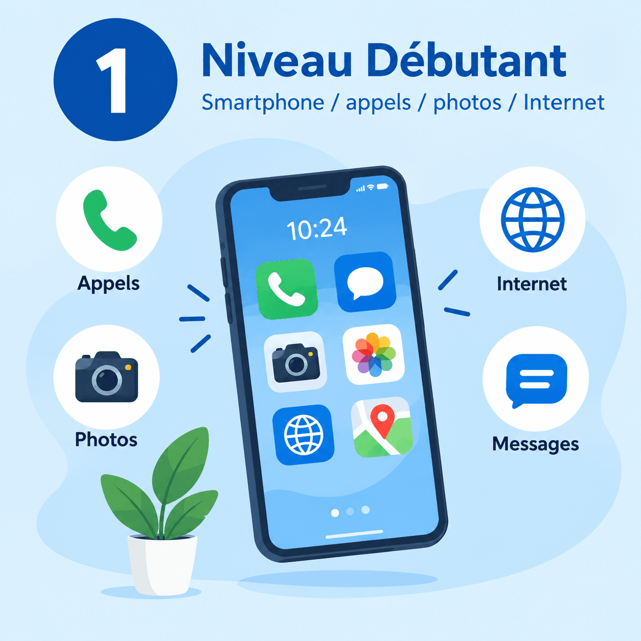 Niveau 1 Débutant : smartphone, appels, photos, Internet