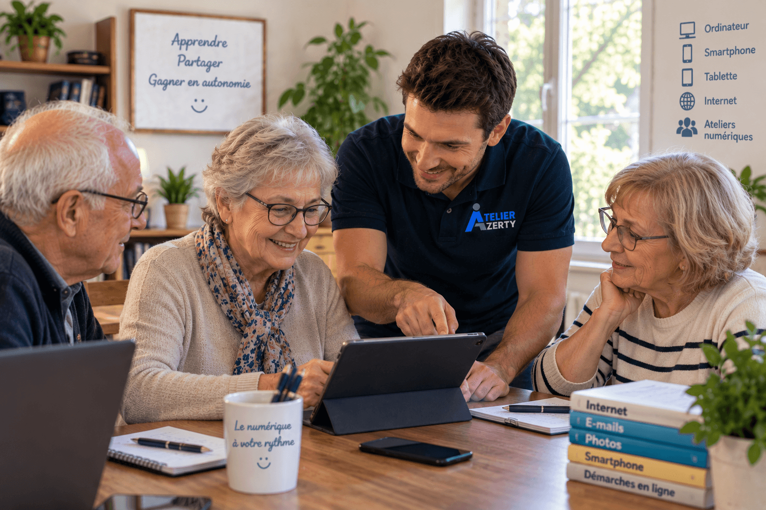 Un atelier numérique en petit groupe, Alexis explique une tablette à trois participants seniors